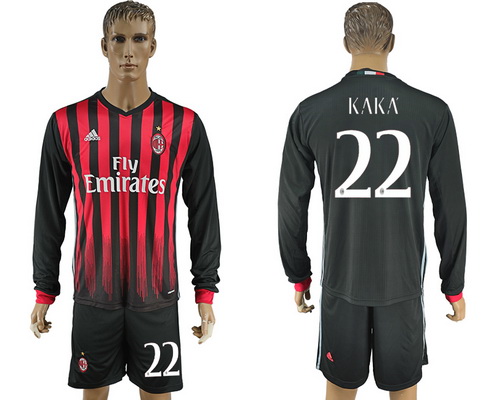 2016-17 AC Milan #22 KAKA Home Soccer Men's Red and Black Long Sleeve Shirt Kit