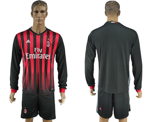 2016-17 AC Milan Blank or Custom Home Soccer Men's Red and Black Long Sleeve Shirt Kit