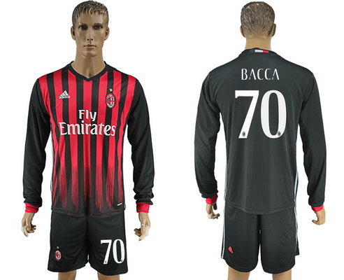 2016-17 AC Milan #70 BACCA Home Soccer Men's Red and Black Long Sleeve Shirt Kit