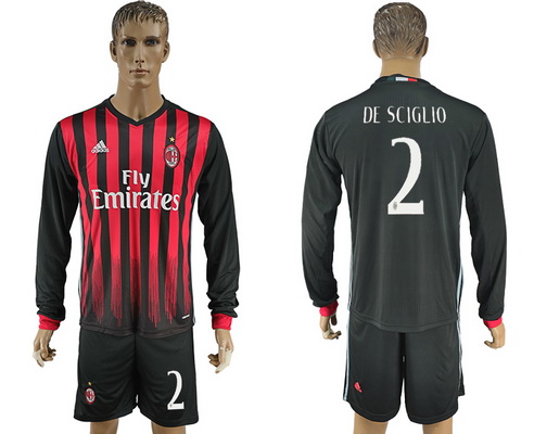 2016-17 AC Milan #2 DE SCIGLIO Home Soccer Men's Red and Black Long Sleeve Shirt Kit