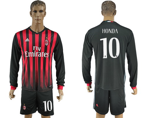 2016-17 AC Milan #10 HONDA Home Soccer Men's Red and Black Long Sleeve Shirt Kit