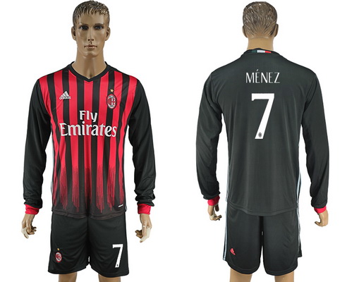 2016-17 AC Milan #7 MENEZ Home Soccer Men's Red and Black Long Sleeve Shirt Kit