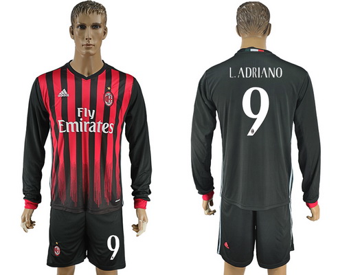 2016-17 AC Milan #9 L.ADRIANO Home Soccer Men's Red and Black Long Sleeve Shirt Kit