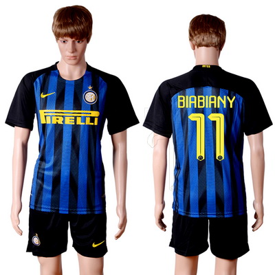 2016-17 Inter Milan #11 BIABIANY Home Soccer Men's Blue and Black Shirt Kit