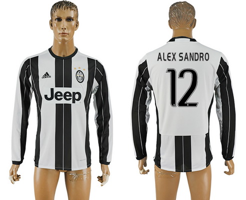 2016-17 Juventus #12 ALEX SANDRO Home Soccer Men's White and Black Long Sleeve AAA+ Shirt