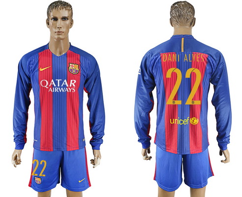 2016-17 Barcelona #22 DANI ALVES Home Soccer Men's Blue and Red Long Sleeve Shirt Kit