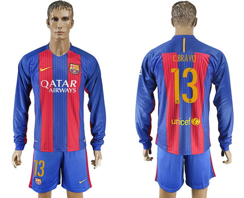 2016-17 Barcelona #13 C.BRAVO Home Soccer Men's Blue and Red Long Sleeve Shirt Kit