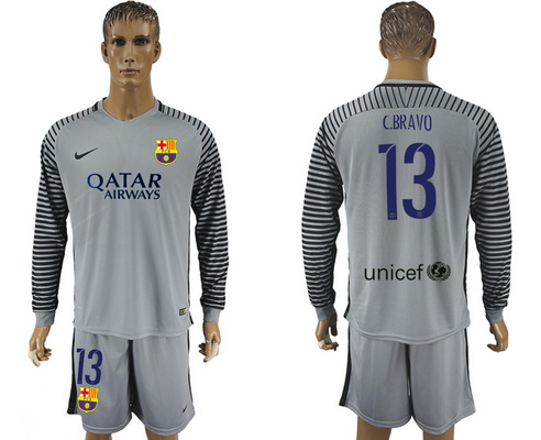 2016-17 Barcelona #13 C.BRAVO Grey Goalkeeper Soccer Men's Blue and Red Long Sleeve Shirt Kit