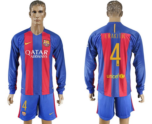 2016-17 Barcelona #4 I.RAKITIC Home Soccer Men's Blue and Red Long Sleeve Shirt Kit