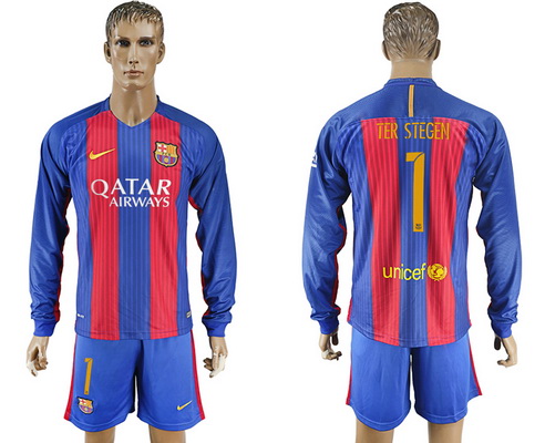 2016-17 Barcelona #1 TER STEGEN Home Soccer Men's Blue and Red Long Sleeve Shirt Kit