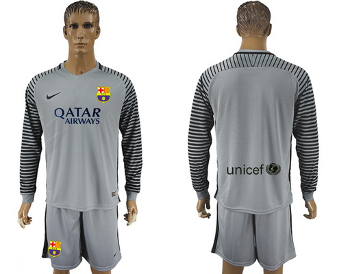 2016-17 Barcelona Blank or Custom Gray Goalkeeper Soccer Men's Blue and Red Long Sleeve Shirt Kit