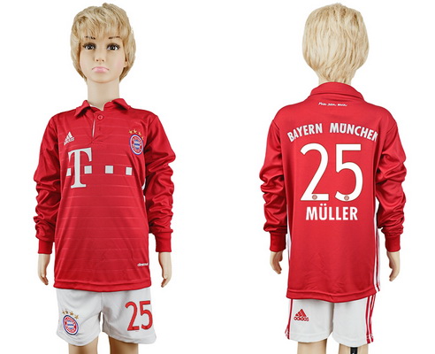 2016-17 Bayern Munich #25 MULLER Home Soccer Youth Red Long Sleeve Shirt Kit