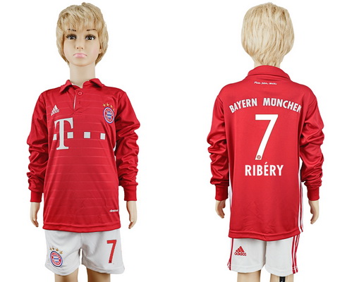 2016-17 Bayern Munich #7 RIBERY Home Soccer Youth Red Long Sleeve Shirt Kit