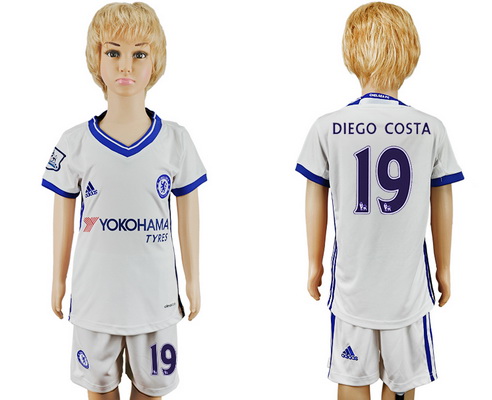 2016-17 Chelsea #19 DIEGO COSTA Away Soccer Youth White Shirt Kit