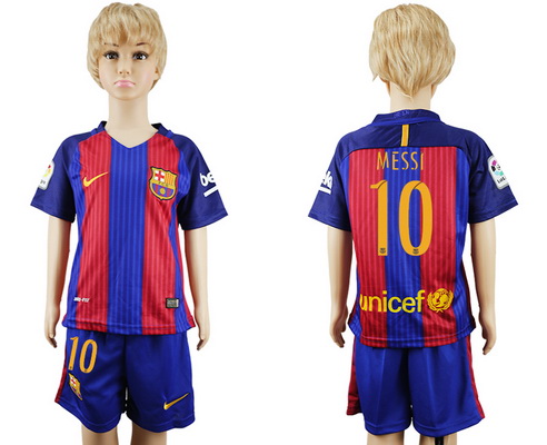 2016-17 Barcelona #10 MESSI Home Soccer Youth Red and Blue Shirt Kit