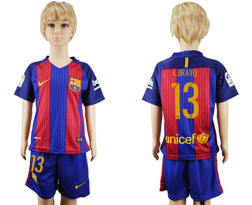 2016-17 Barcelona #13 C. BRAVO Home Soccer Youth Red and Blue Shirt Kit