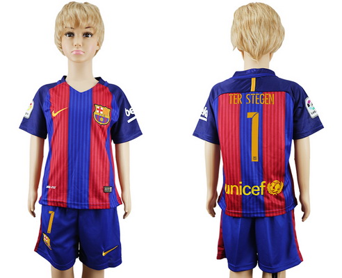 2016-17 Barcelona #1 TER STEGEN Home Soccer Youth Red and Blue Shirt Kit