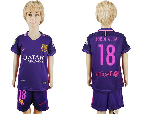 2016-17 Barcelona #18 JORDI ALBA Away Soccer Youth Purple Shirt Kit