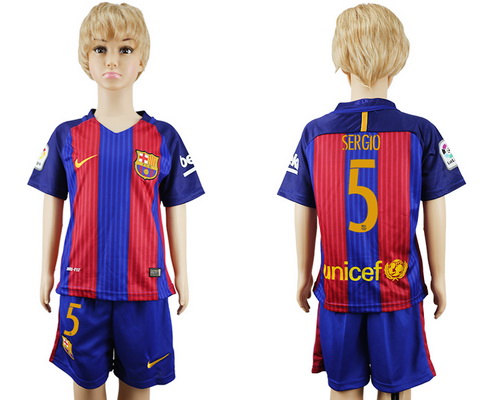 2016-17 Barcelona #5 SERGIO Home Soccer Youth Red and Blue Shirt Kit
