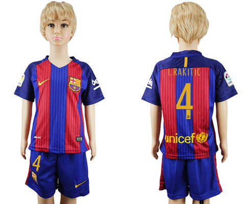2016-17 Barcelona #4 I.RAKITIC Home Soccer Youth Red and Blue Shirt Kit