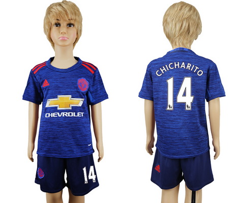 2016-17 Manchester United #14 CHICHARITO Away Soccer Youth Blue Shirt Kit