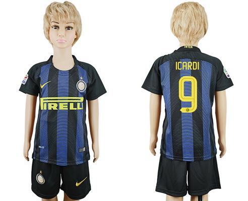 2016-17 Inter Milan #9 ICARDI Home Soccer Youth Blue and Black Shirt Kit