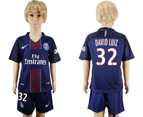 2016-17 Paris St-Germain #32 DAVID LUIZ Home Soccer Youth Navy Blue Shirt Kit