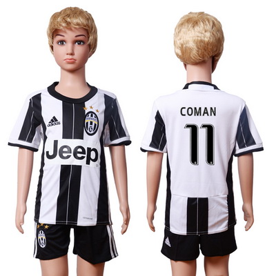 2016-17 Juventus #11 COMAN Home Soccer Youth White and Black Shirt Kit