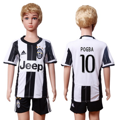 2016-17 Juventus #10 POGBA Home Soccer Youth White and Black Shirt Kit