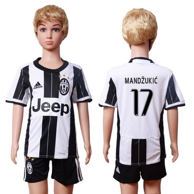 2016-17 Juventus #17 MANDZUKIC Home Soccer Youth White and Black Shirt Kit