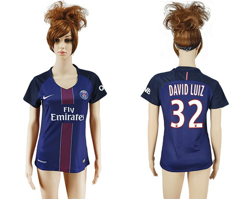 2016-17 Paris Saint-Germain #32 DAVID LUIZ Home Soccer Women's Navy Blue AAA+ Shirt