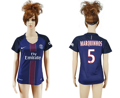 2016-17 Paris Saint-Germain #5 MARQUINHOS Home Soccer Women's Navy Blue AAA+ Shirt