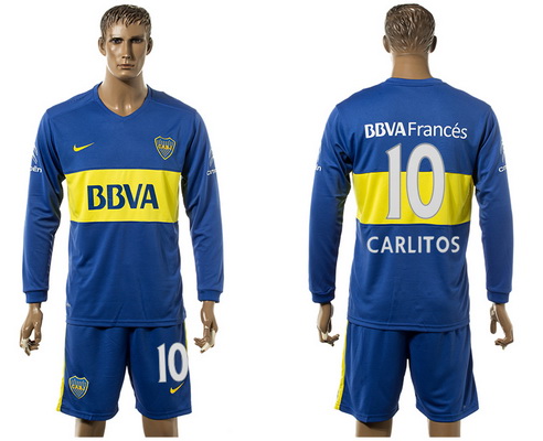 2016-17 Boca Juniors #10 CARLITOS Home Soccer Men's Blue Long Sleeve Shirt Kit