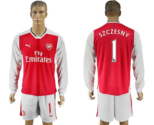 2016-17 Arsenal #1 SZCZESNY Home Soccer Men's Red Long Sleeve Shirt Kit