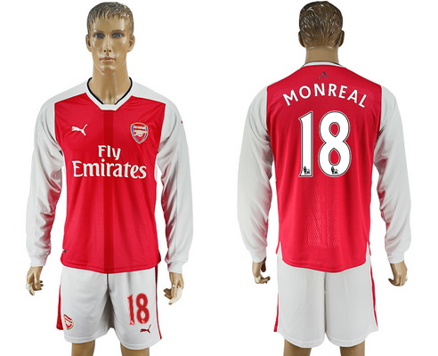 2016-17 Arsenal #18 MONREAL Home Soccer Men's Red Long Sleeve Shirt Kit