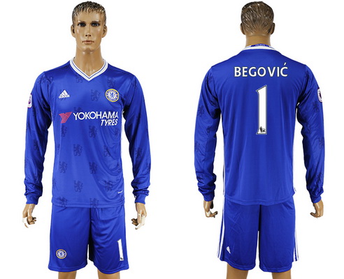 2016-17 Chelsea #1 BEGOVIC Home Soccer Men's Blue Long Sleeve Shirt Kit