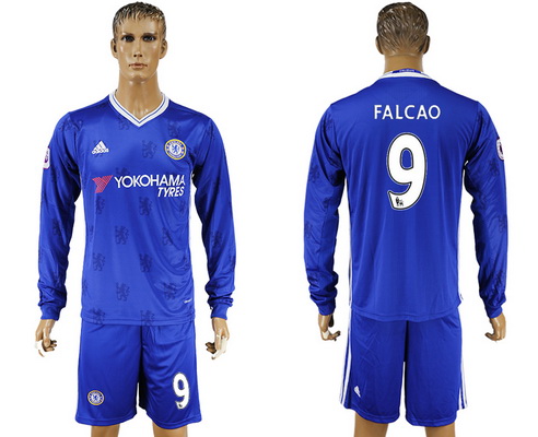 2016-17 Chelsea #9 FALCAO Home Soccer Men's Blue Long Sleeve Shirt Kit