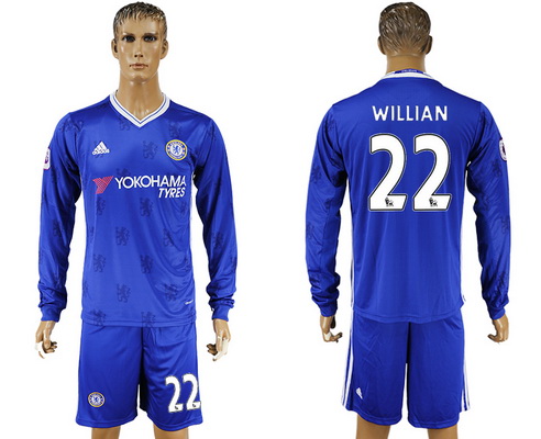 2016-17 Chelsea #22 WILLIAN Home Soccer Men's Blue Long Sleeve Shirt Kit