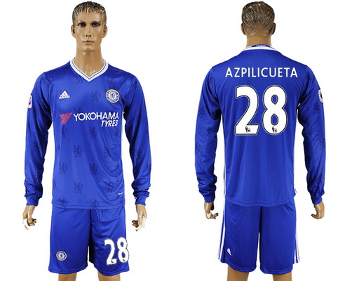 2016-17 Chelsea #28 AZPILICUETA Home Soccer Men's Blue Long Sleeve Shirt Kit