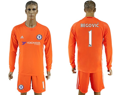 2016-17 Chelsea #1 BEGOVIC Goalkeeper Soccer Men's Orange Long Sleeve Shirt Kit