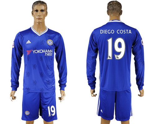 2016-17 Chelsea #19 DIEGO COSTA Home Soccer Men's Blue Long Sleeve Shirt Kit