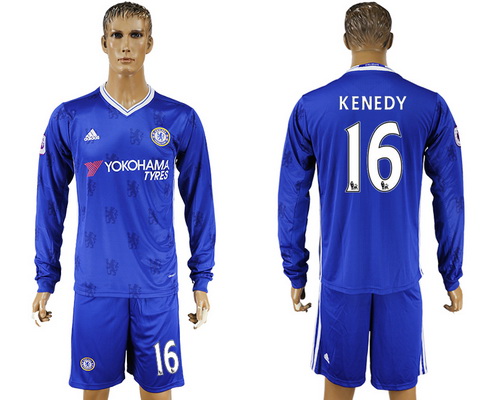 2016-17 Chelsea #16 KENEDY Home Soccer Men's Blue Long Sleeve Shirt Kit