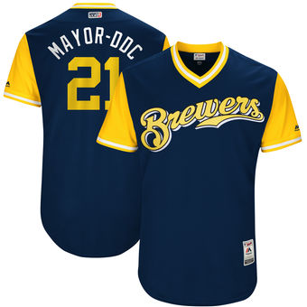Men's Milwaukee Brewers Travis Shaw Mayor-DDC Majestic Navy 2017 Players Weekend Authentic Jersey