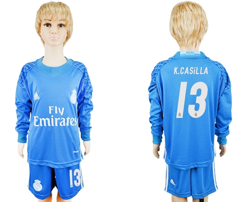Real Madrid #13 K.Casilla Sky Blue Goalkeeper Long Sleeves Kid Soccer Club Jersey