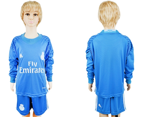 Real Madrid Blank Sky Blue Goalkeeper Long Sleeves Kid Soccer Club Jersey