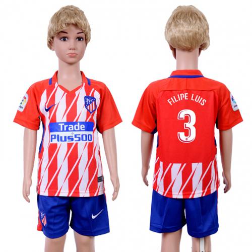 Atletico Madrid #3 Filipe Luis Home Kid Soccer Club Jersey