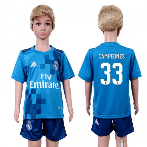 Real Madrid #33 Campeones Sec Away Kid Soccer Club Jersey