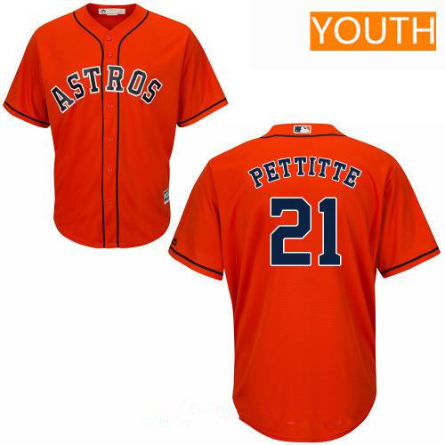 Youth Houston Astros #21 Andy Pettitte Retired Orange Stitched MLB Majestic Cool Base Jersey