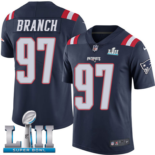 Men's Nike Patriots #97 Alan Branch Navy Blue Super Bowl LII Stitched NFL Limited Rush Jersey