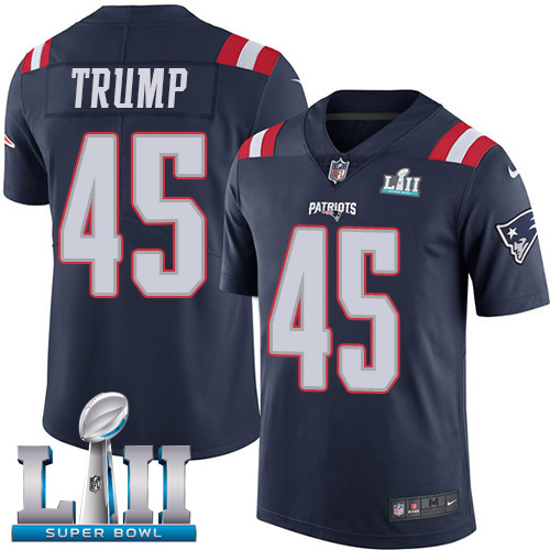 Men's Nike Patriots #45 Donald Trump Navy Blue Super Bowl LII Stitched NFL Limited Rush Jersey